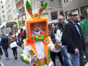 A man participates in the Easter Bonnet Parade along Fifth Avenue in New York